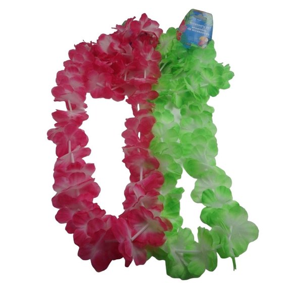 Hawaiian 2 Leis 2 Headbands 2 wristbands Pink Green Lua Coastal Tropical Tiki - Picture 5 of 8